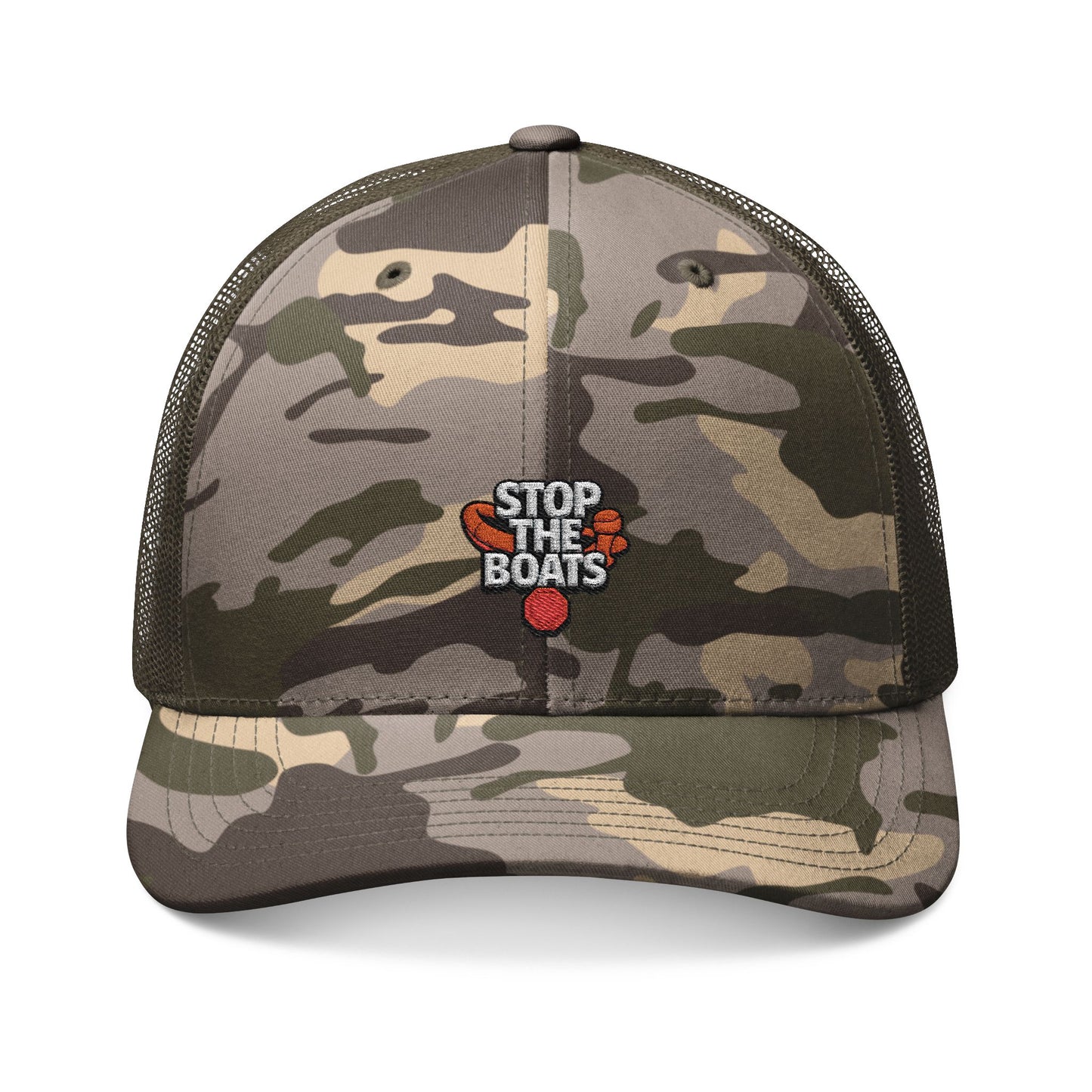 Camouflage Trucker Hat with 'Stop the Boats' Embroidery, Outdoor Cap, Casual Hat, Gift for Nature Lovers, Fishing Hat, Trendy Headwear
