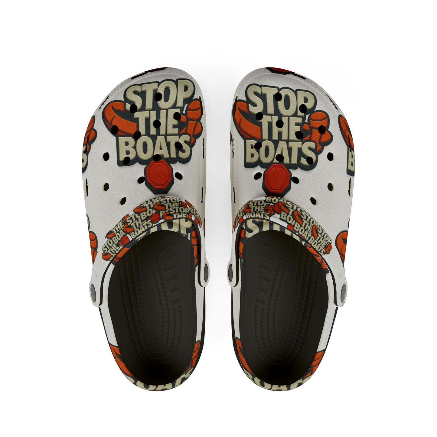 Stylish EVA Foam Clogs - Stop the Boats Design | Trendy Summer Footwear, Beach Shoes, Casual Slip-Ons, Festival Ready, Fun Gift Idea