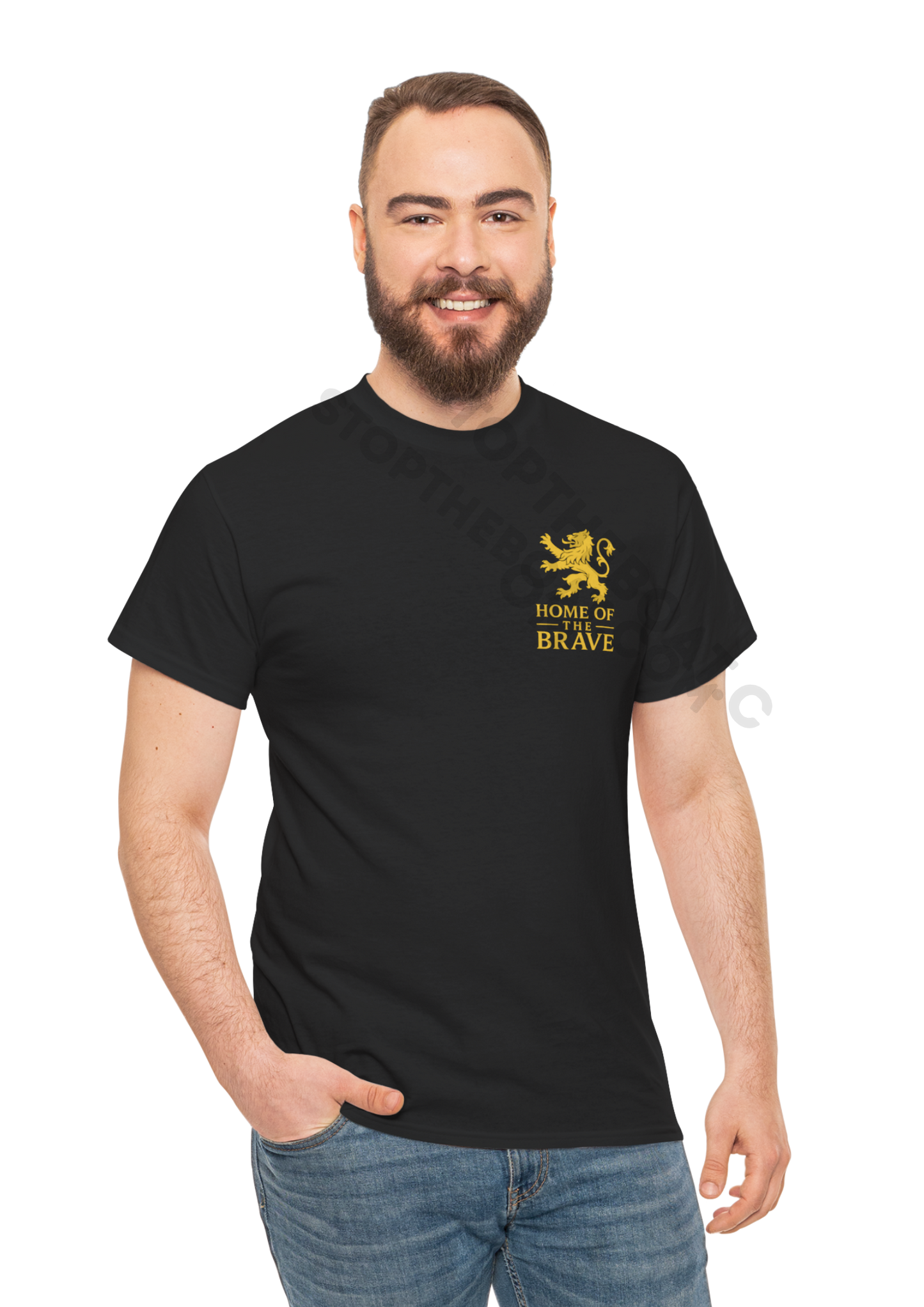 Home of the Brave T-Shirt – Golden Heraldic Lion Rampant Patriotic Graphic Tee Unisex Heavy Cotton Tee