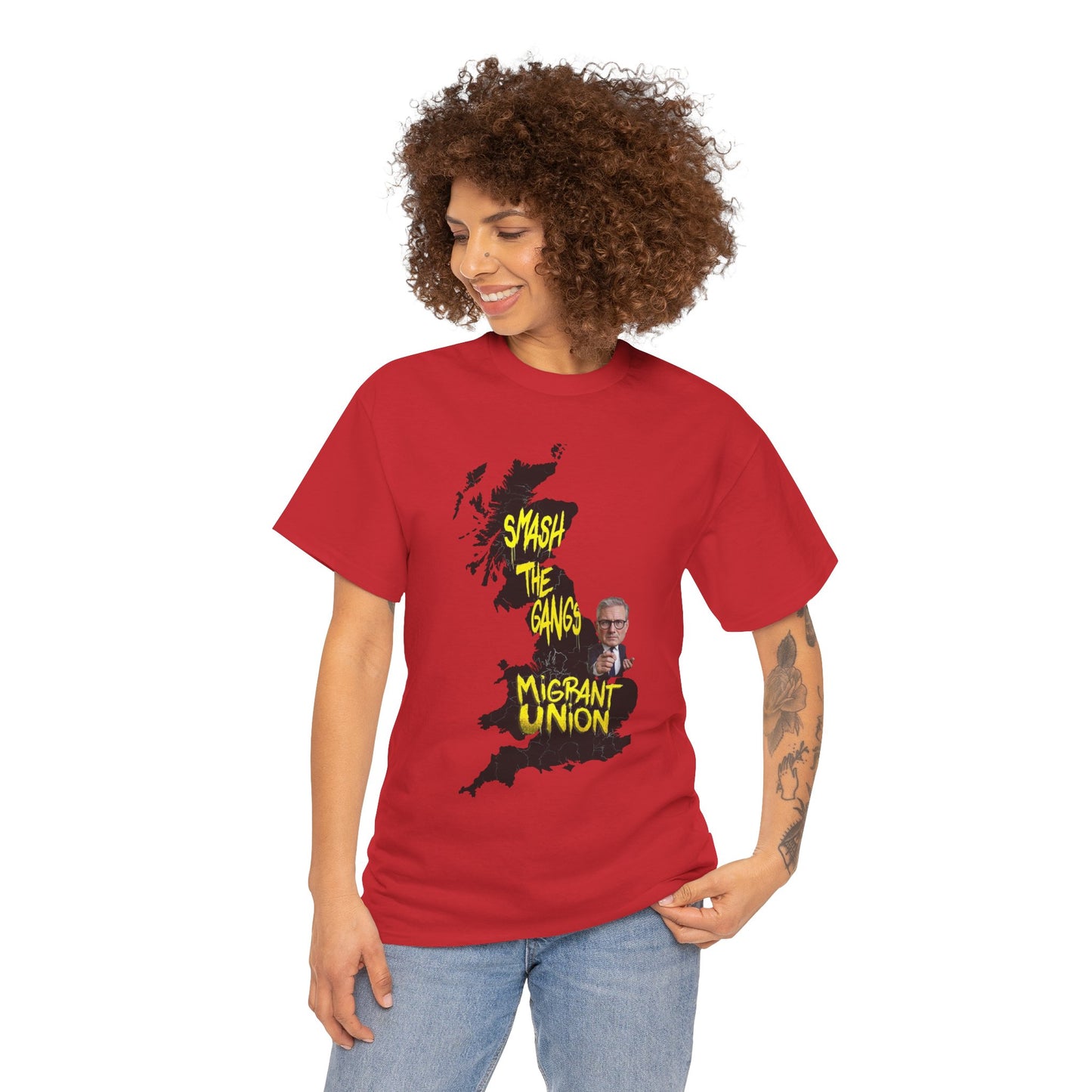 MIGRANT UNION starmer smash the gangs edition - Graphic Unisex Cotton Tee | Smash the Camps, Migrant Union | Protest Wear, Street Style, Music Festival, Casual Outfit