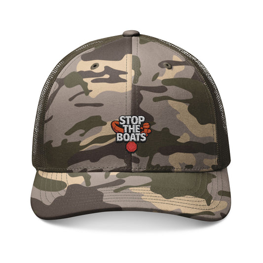 Camouflage Trucker Hat with 'Stop the Boats' Embroidery, Outdoor Cap, Casual Hat, Gift for Nature Lovers, Fishing Hat, Trendy Headwear