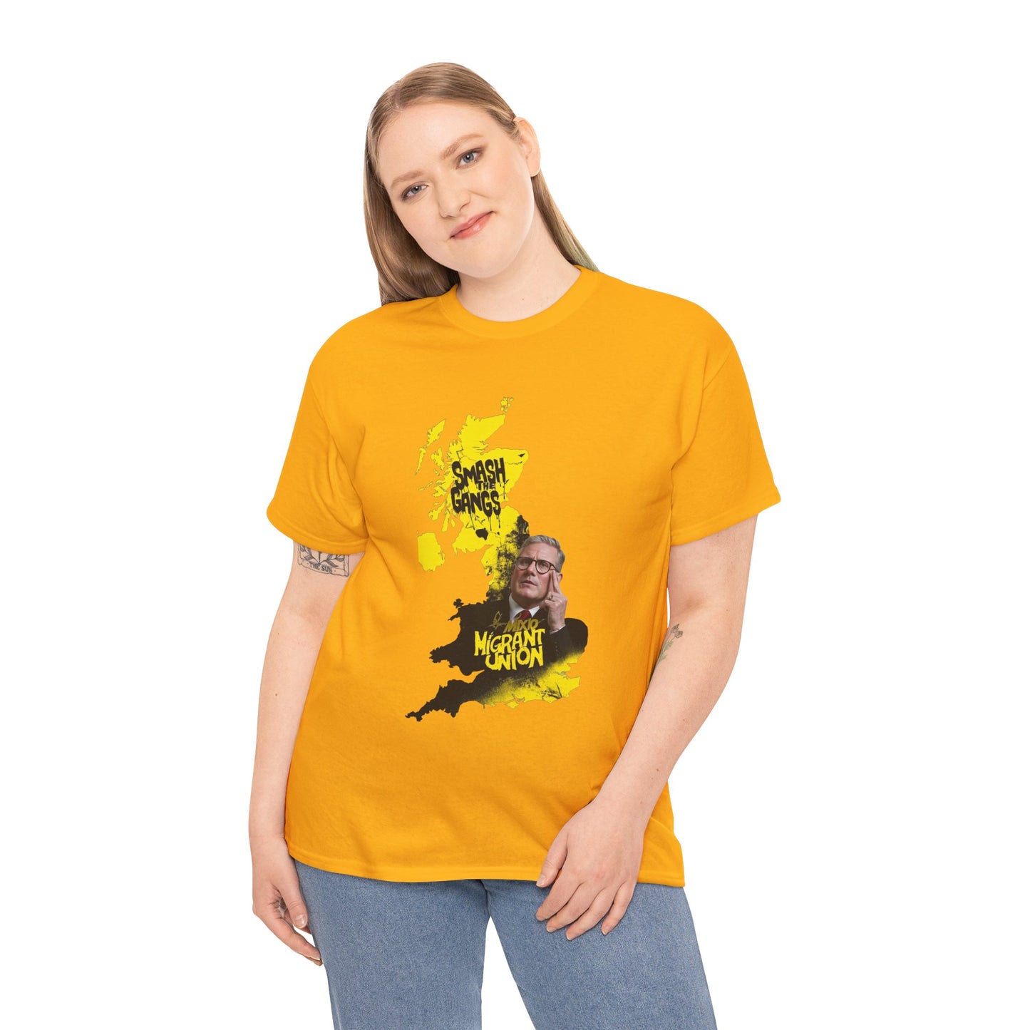 MIGRANT UNION starmer smash the gangs edition - Unisex Heavy Cotton Tee with Custom Graphic Design, Casual Wear, Gift for Him/Her, Unique T-shirt, Graphic Tees for Every Occasion