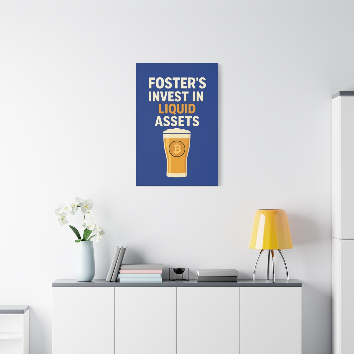 Bitcoin Liquid Assets Fosters Canvas Art, Wall Decor, Cryptocurrency Gift, Modern Home Art, Unique Beer Themed Decoration