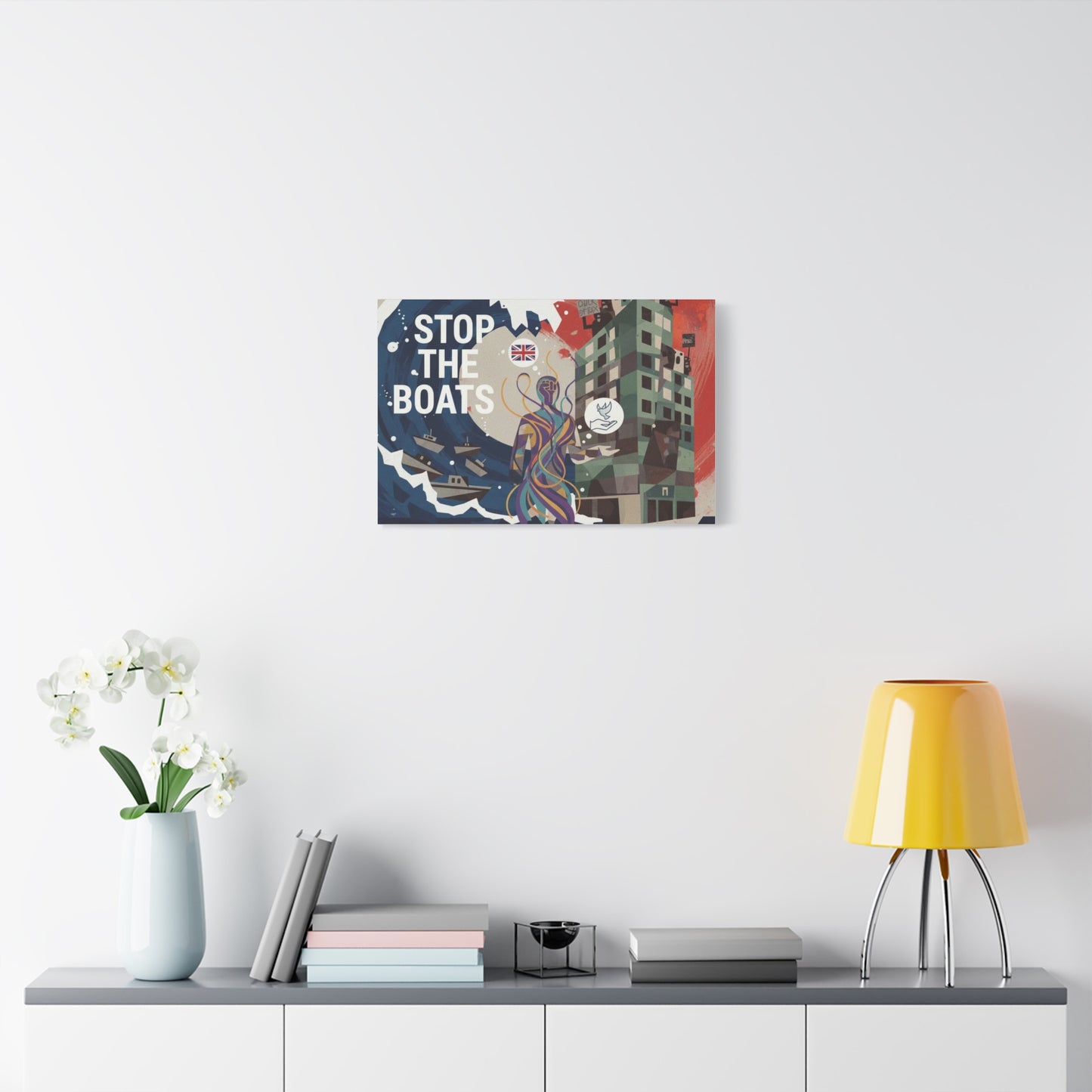 Political Art Canvas Print, Home Decor for Activists, Stop the Boats Artwork, Modern Wall Art, Unique Gift Idea