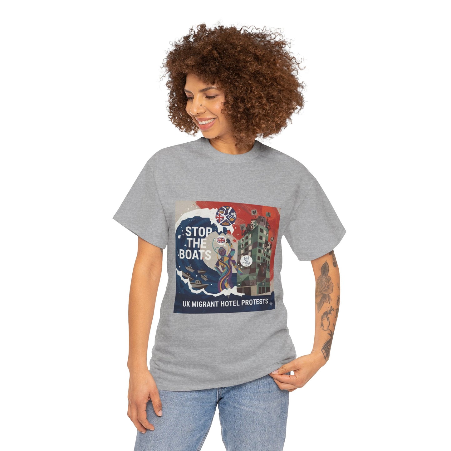 Amazing graphics stop the boats Protest Graphic Tee, T-Shirt, Unisex Cotton Shirt for Activism, Casual Wear, Gift for Advocates, Statement Clothing