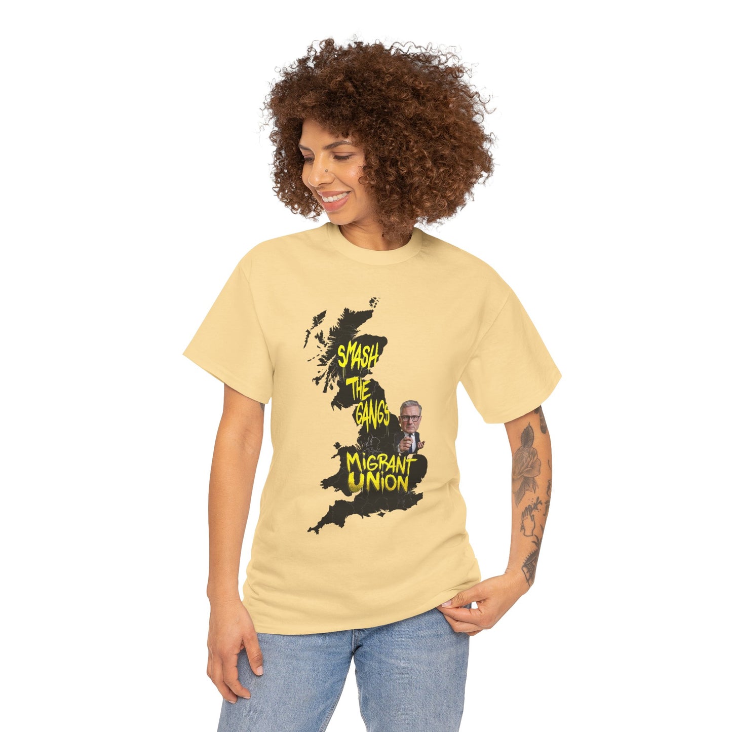 MIGRANT UNION starmer smash the gangs edition - Graphic Unisex Cotton Tee | Smash the Camps, Migrant Union | Protest Wear, Street Style, Music Festival, Casual Outfit