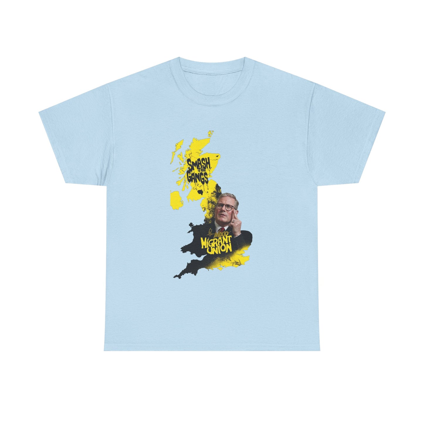 MIGRANT UNION starmer smash the gangs edition - Unisex Heavy Cotton Tee with Custom Graphic Design, Casual Wear, Gift for Him/Her, Unique T-shirt, Graphic Tees for Every Occasion