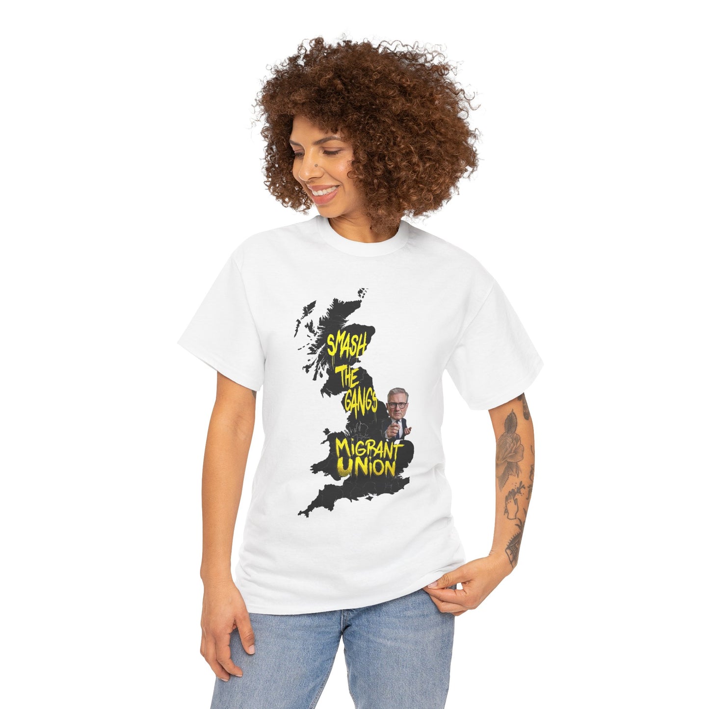 MIGRANT UNION starmer smash the gangs edition - Graphic Unisex Cotton Tee | Smash the Camps, Migrant Union | Protest Wear, Street Style, Music Festival, Casual Outfit