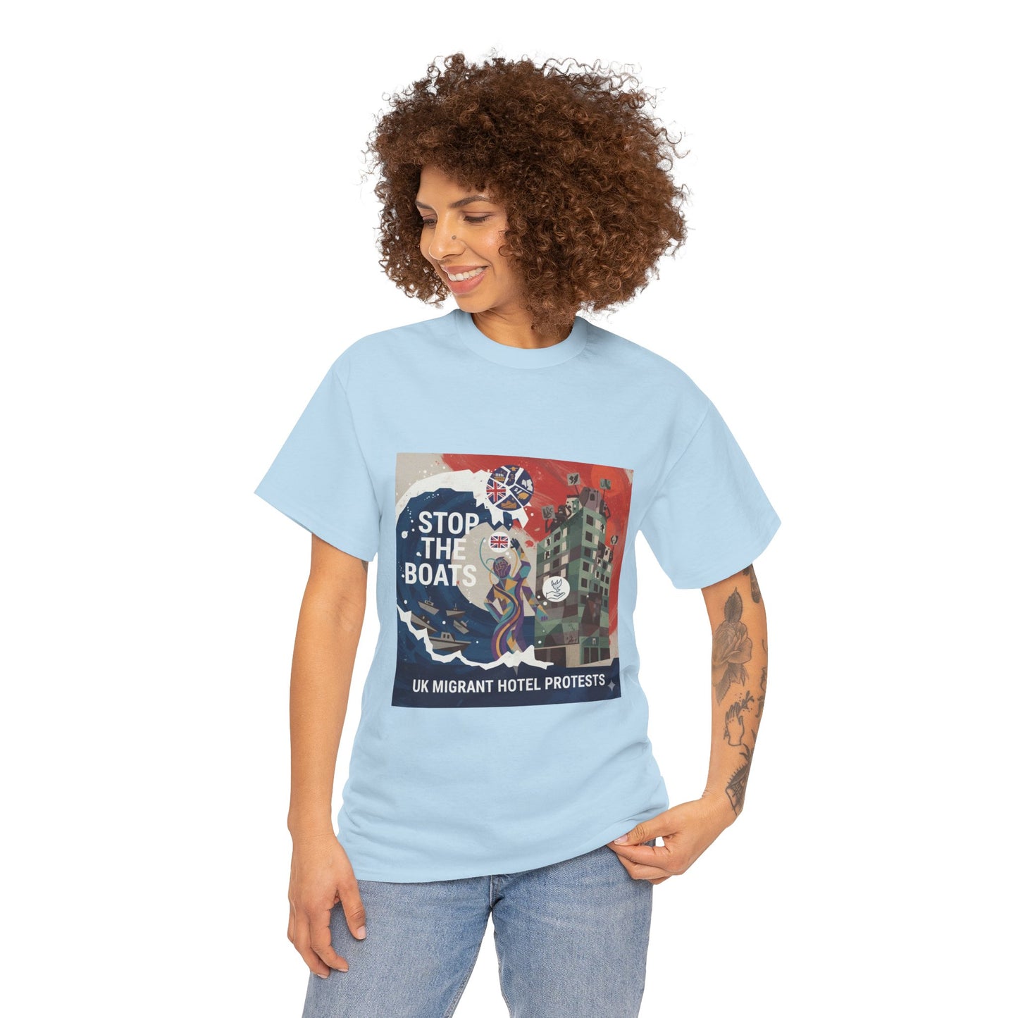 Amazing graphics stop the boats Protest Graphic Tee, T-Shirt, Unisex Cotton Shirt for Activism, Casual Wear, Gift for Advocates, Statement Clothing