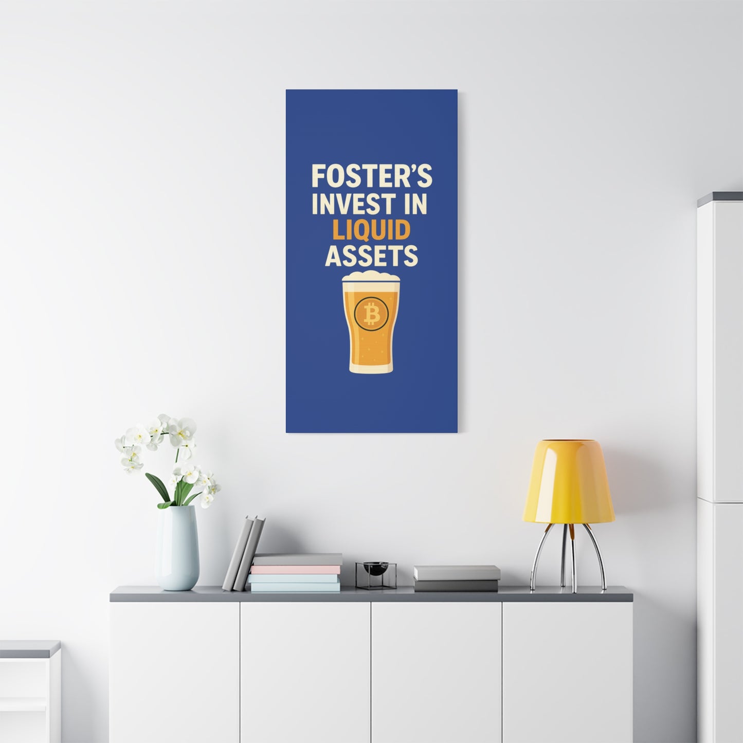 Bitcoin Liquid Assets Fosters Canvas Art, Wall Decor, Cryptocurrency Gift, Modern Home Art, Unique Beer Themed Decoration