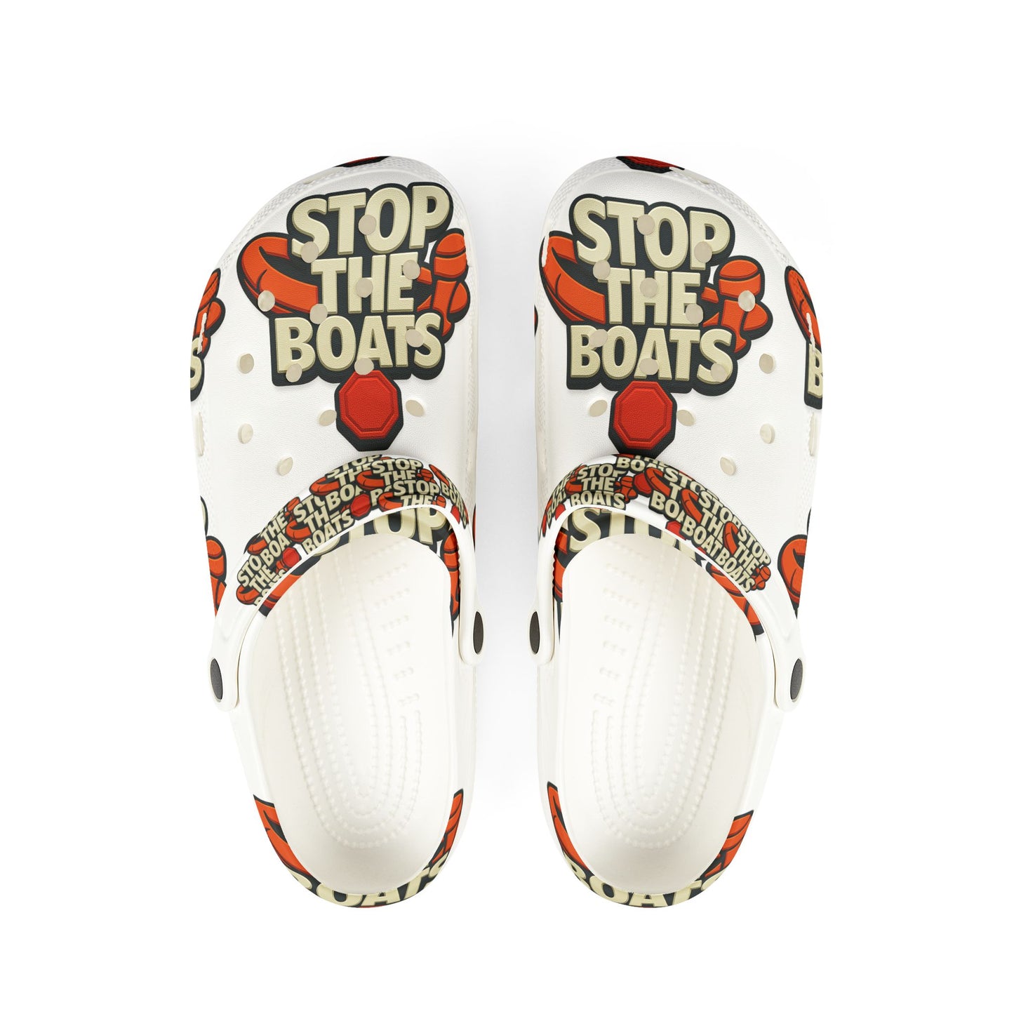 Stylish EVA Foam Clogs - Stop the Boats Design | Trendy Summer Footwear, Beach Shoes, Casual Slip-Ons, Festival Ready, Fun Gift Idea