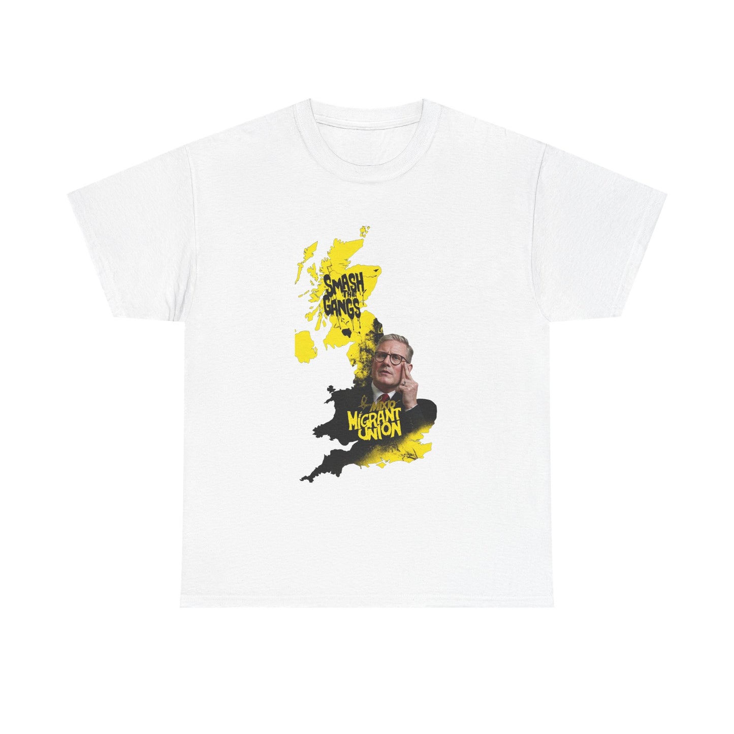 MIGRANT UNION starmer smash the gangs edition - Unisex Heavy Cotton Tee with Custom Graphic Design, Casual Wear, Gift for Him/Her, Unique T-shirt, Graphic Tees for Every Occasion