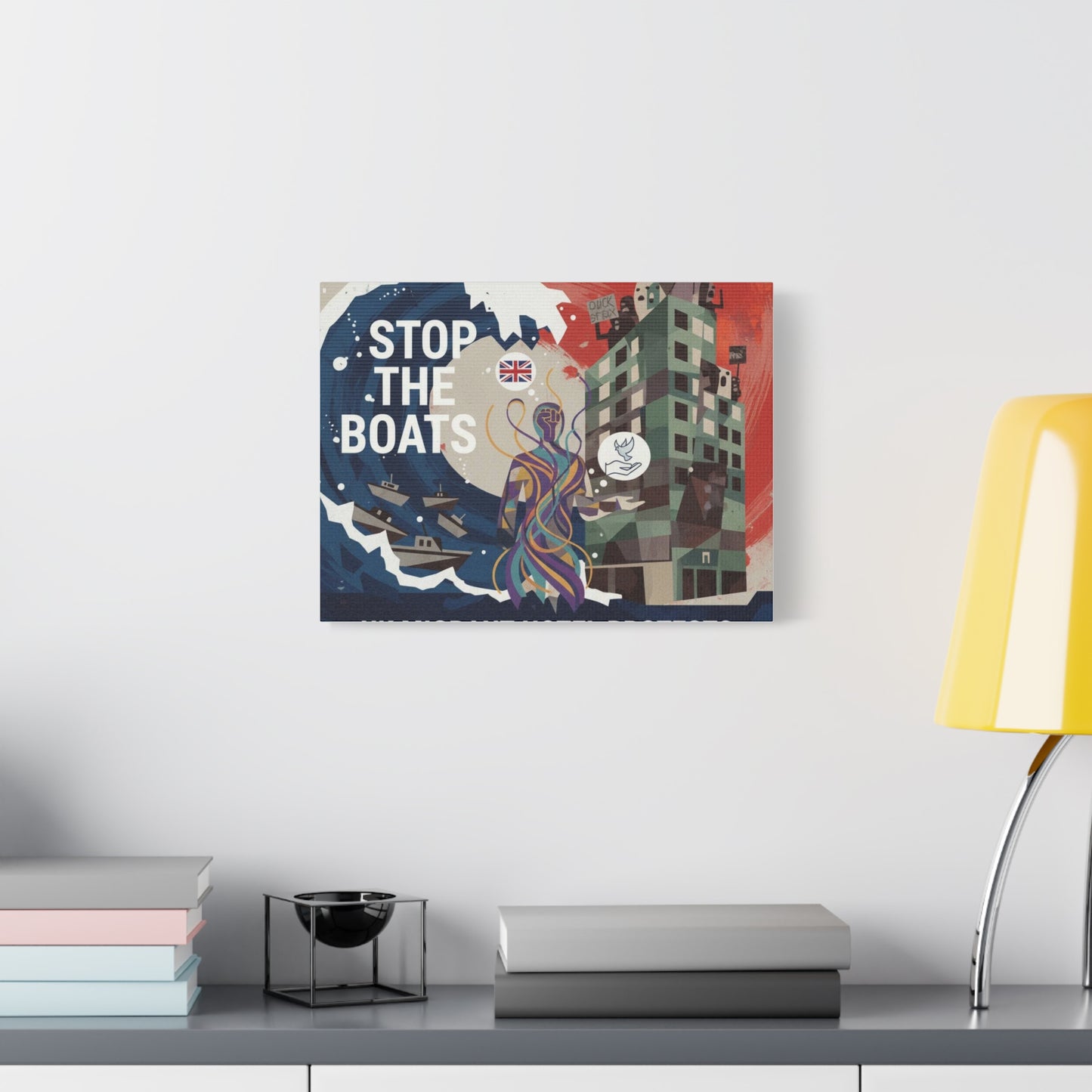 Political Art Canvas Print, Home Decor for Activists, Stop the Boats Artwork, Modern Wall Art, Unique Gift Idea