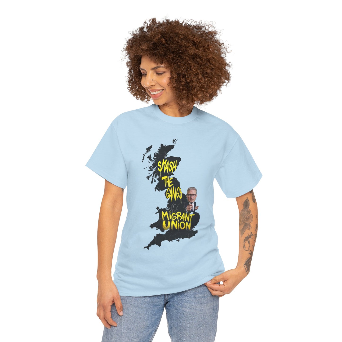 MIGRANT UNION starmer smash the gangs edition - Graphic Unisex Cotton Tee | Smash the Camps, Migrant Union | Protest Wear, Street Style, Music Festival, Casual Outfit