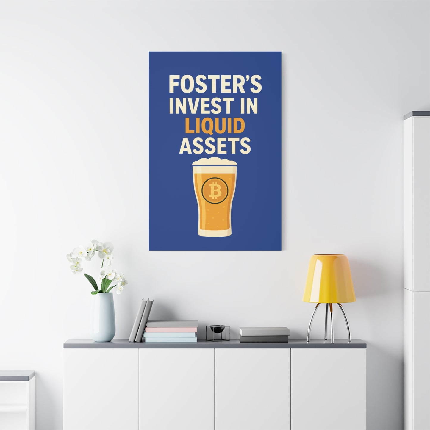 Bitcoin Liquid Assets Fosters Canvas Art, Wall Decor, Cryptocurrency Gift, Modern Home Art, Unique Beer Themed Decoration