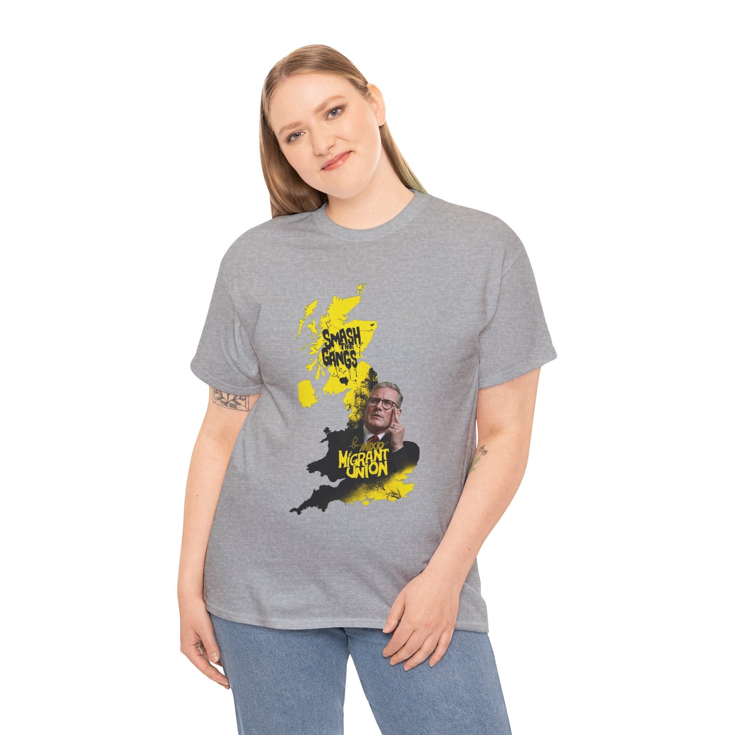 MIGRANT UNION starmer smash the gangs edition - Unisex Heavy Cotton Tee with Custom Graphic Design, Casual Wear, Gift for Him/Her, Unique T-shirt, Graphic Tees for Every Occasion