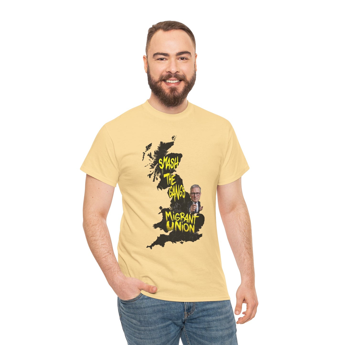 MIGRANT UNION starmer smash the gangs edition - Graphic Unisex Cotton Tee | Smash the Camps, Migrant Union | Protest Wear, Street Style, Music Festival, Casual Outfit