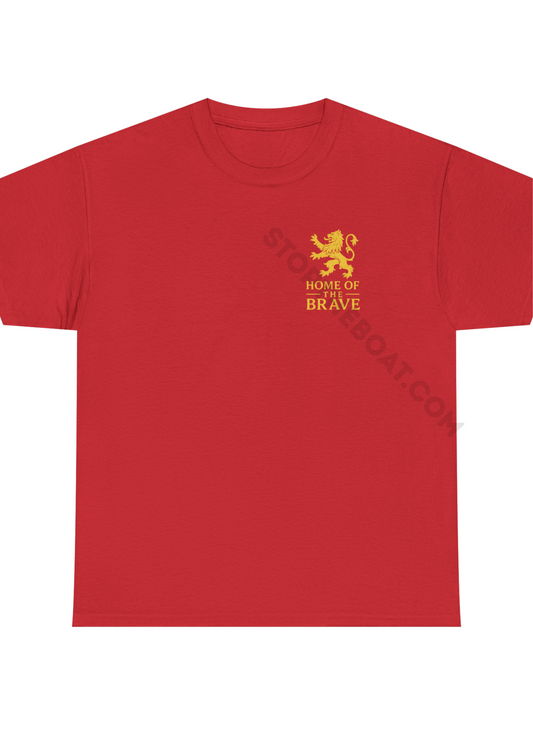 Home of the Brave T-Shirt – Golden Heraldic Lion Rampant Patriotic Graphic Tee Unisex Heavy Cotton Tee