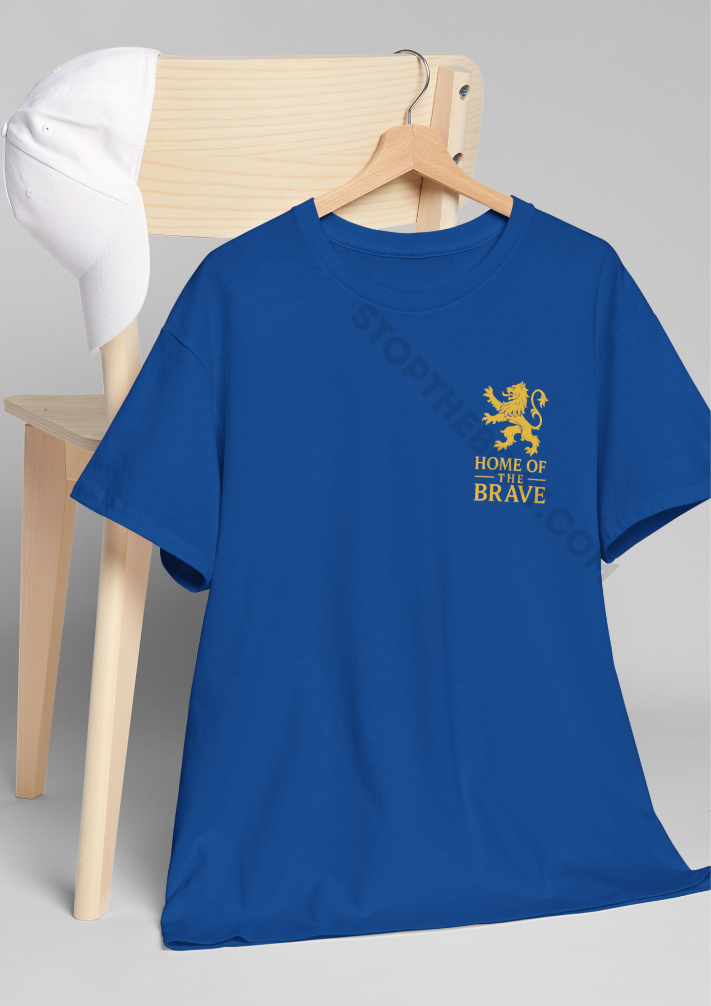 Home of the Brave T-Shirt – Golden Heraldic Lion Rampant Patriotic Graphic Tee Unisex Heavy Cotton Tee