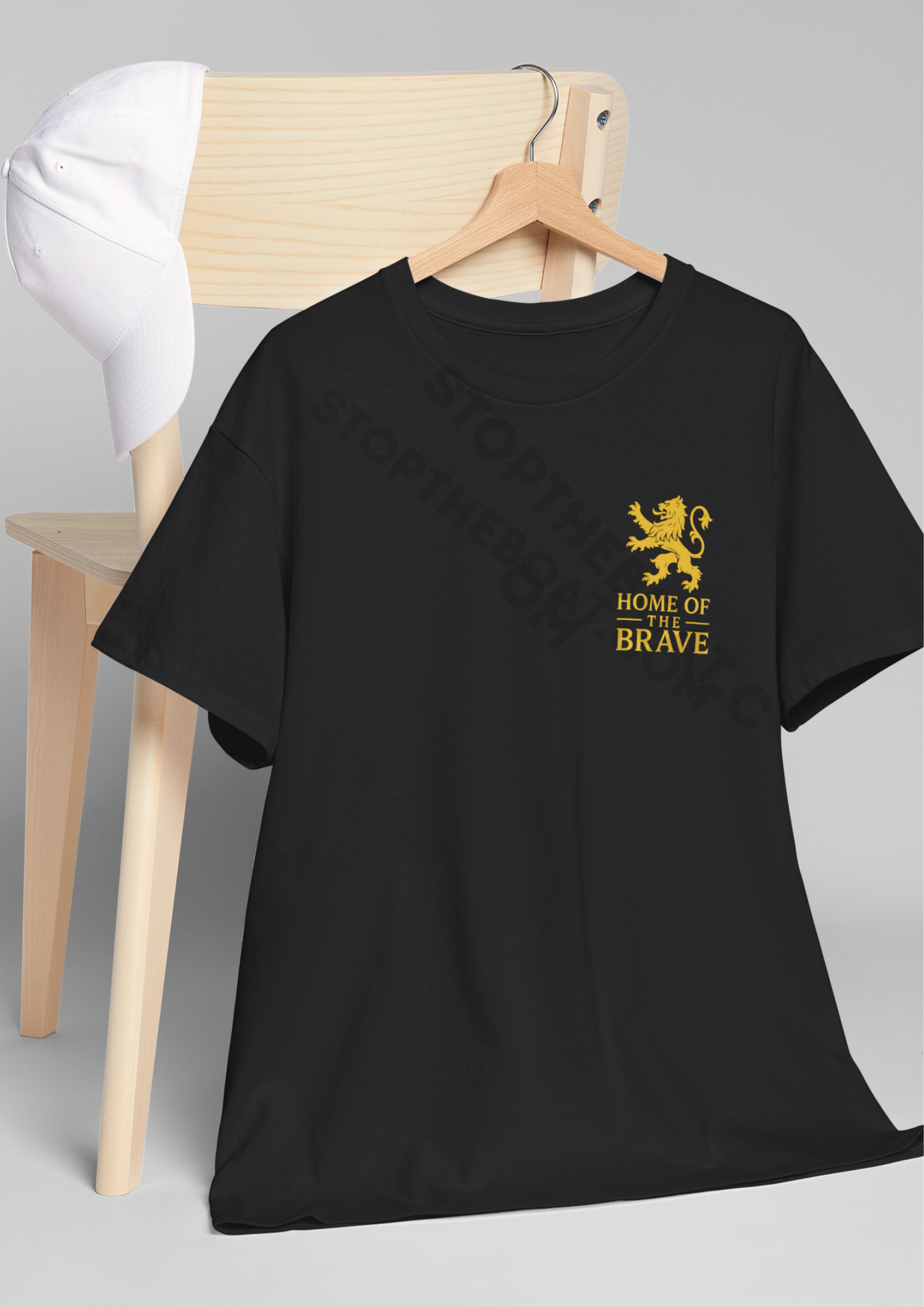 Home of the Brave T-Shirt – Golden Heraldic Lion Rampant Patriotic Graphic Tee Unisex Heavy Cotton Tee