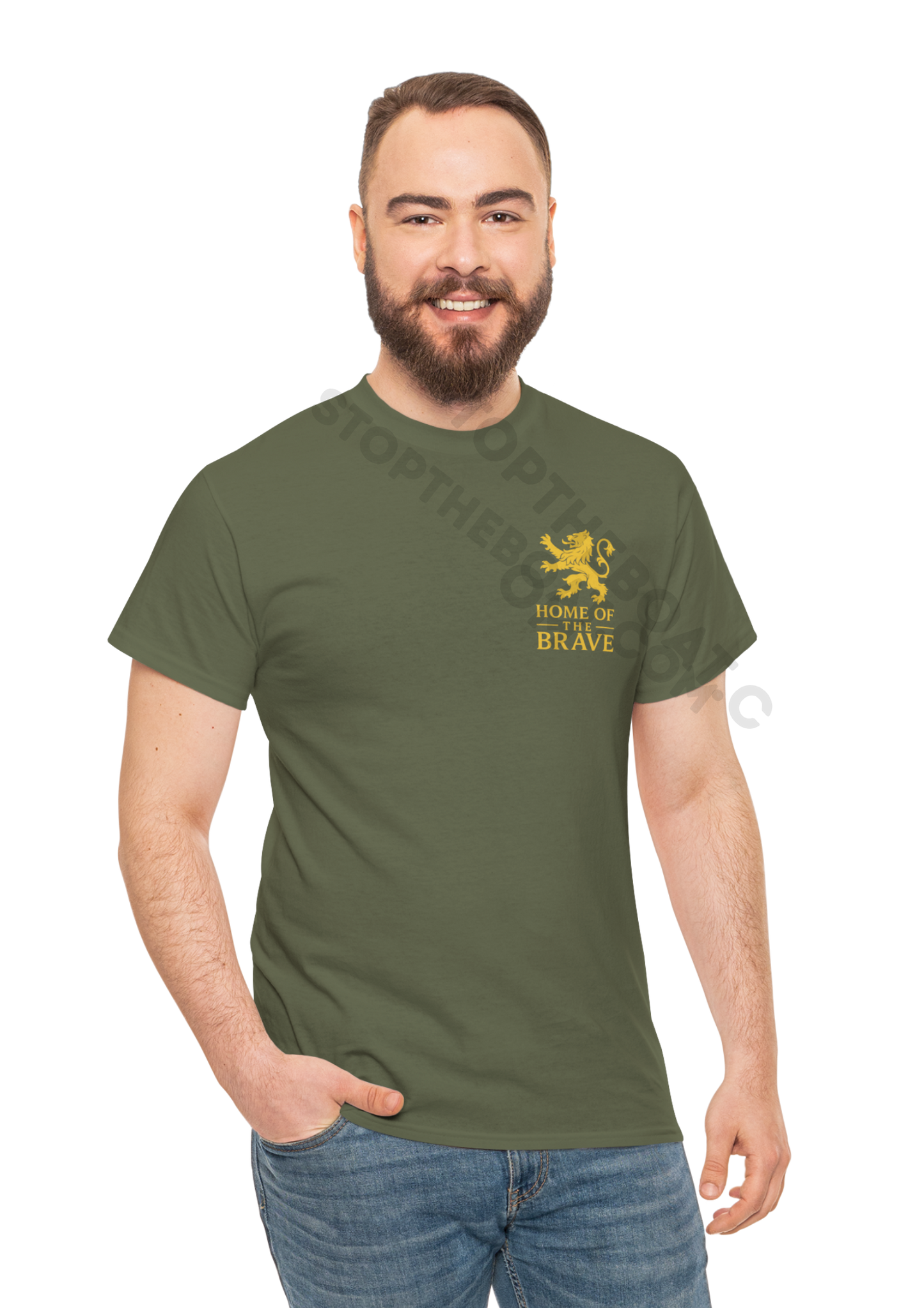 Home of the Brave T-Shirt – Golden Heraldic Lion Rampant Patriotic Graphic Tee Unisex Heavy Cotton Tee