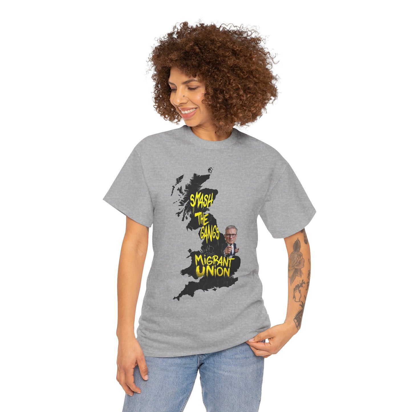 MIGRANT UNION starmer smash the gangs edition - Graphic Unisex Cotton Tee | Smash the Camps, Migrant Union | Protest Wear, Street Style, Music Festival, Casual Outfit