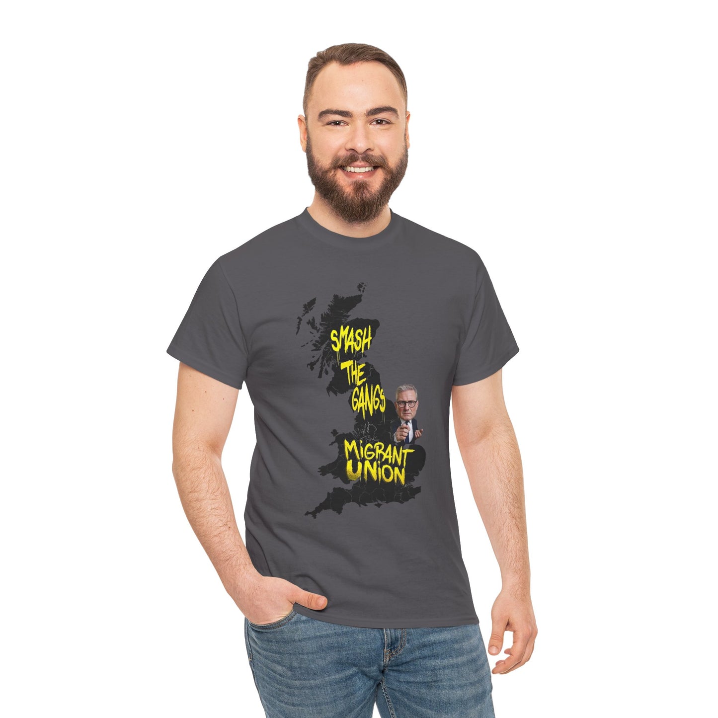 MIGRANT UNION starmer smash the gangs edition - Graphic Unisex Cotton Tee | Smash the Camps, Migrant Union | Protest Wear, Street Style, Music Festival, Casual Outfit