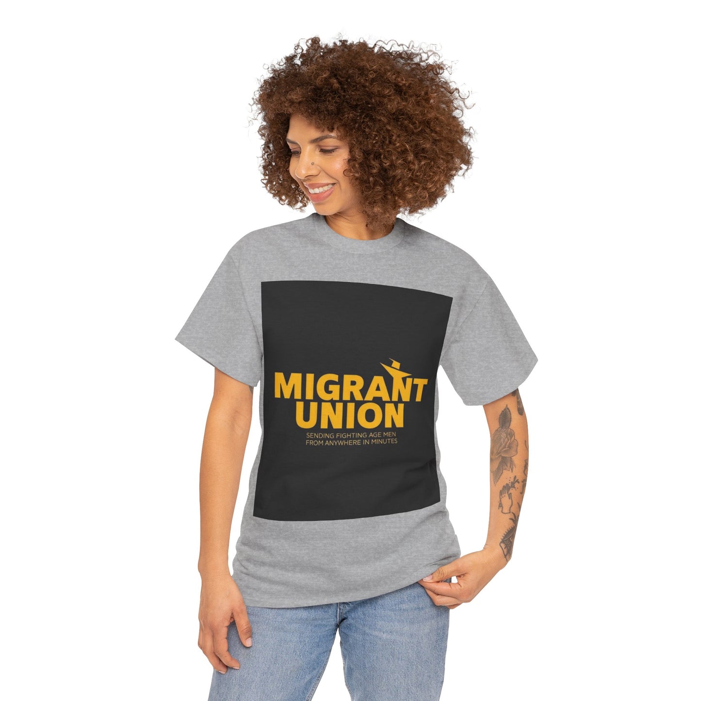 Migrant Union Unisex Heavy Cotton Tee, Casual Wear, Activism Shirt, Gift for Advocates, Comfortable Everyday Tee, Statement Clothing