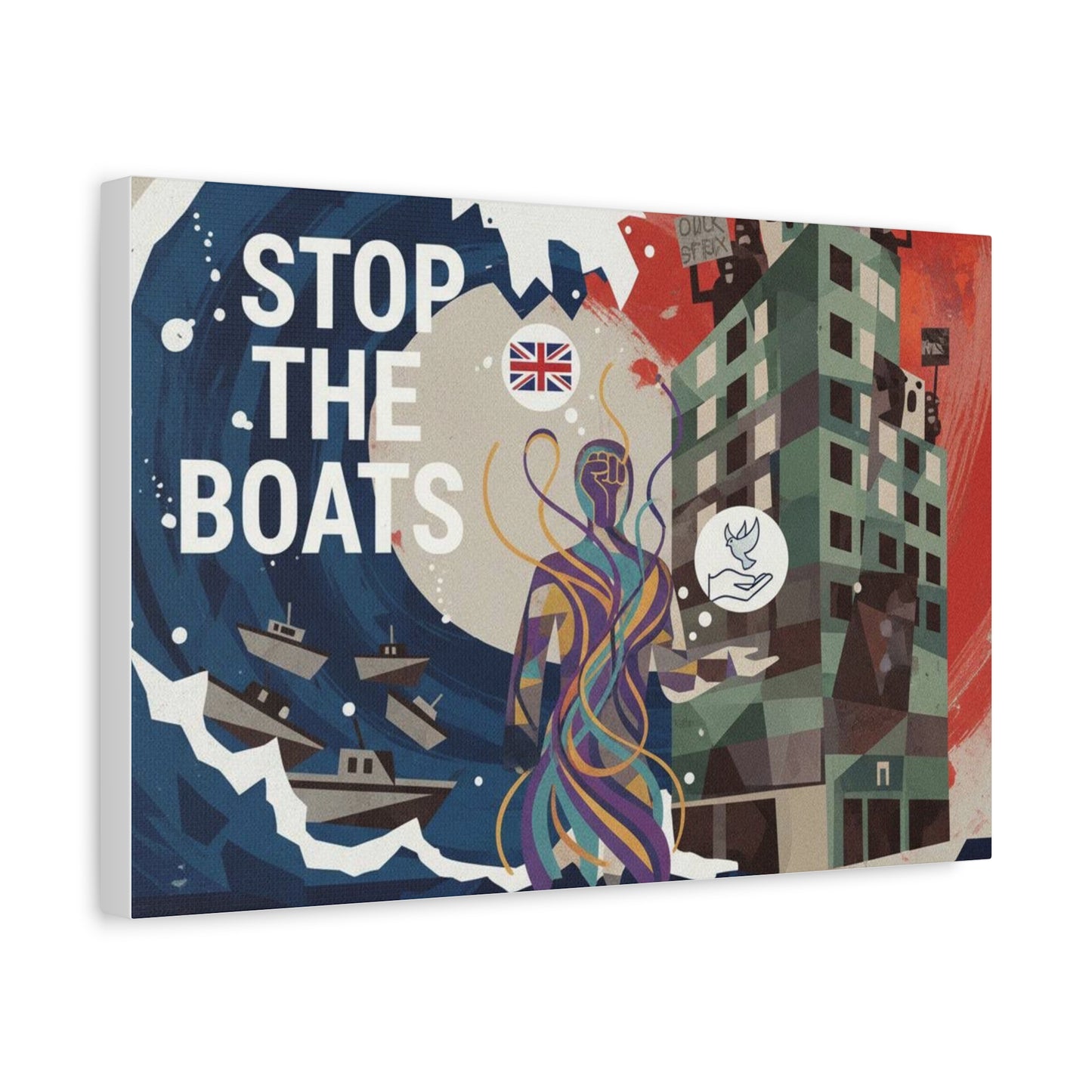 Political Art Canvas Print, Home Decor for Activists, Stop the Boats Artwork, Modern Wall Art, Unique Gift Idea