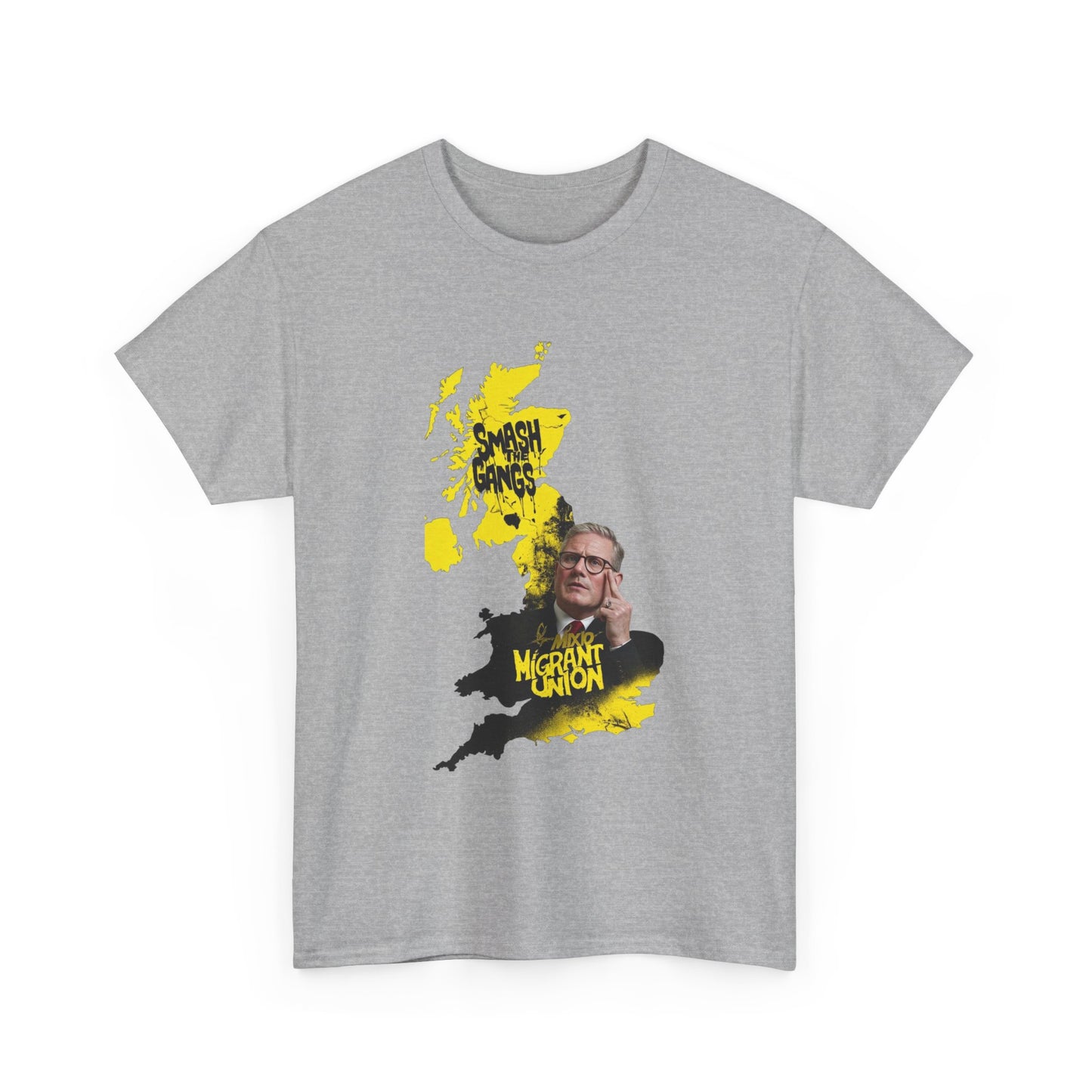 MIGRANT UNION starmer smash the gangs edition - Unisex Heavy Cotton Tee with Custom Graphic Design, Casual Wear, Gift for Him/Her, Unique T-shirt, Graphic Tees for Every Occasion