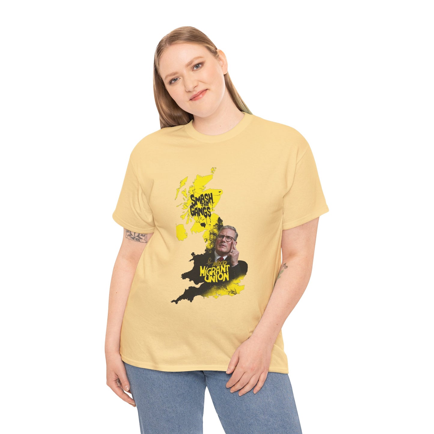 MIGRANT UNION starmer smash the gangs edition - Unisex Heavy Cotton Tee with Custom Graphic Design, Casual Wear, Gift for Him/Her, Unique T-shirt, Graphic Tees for Every Occasion