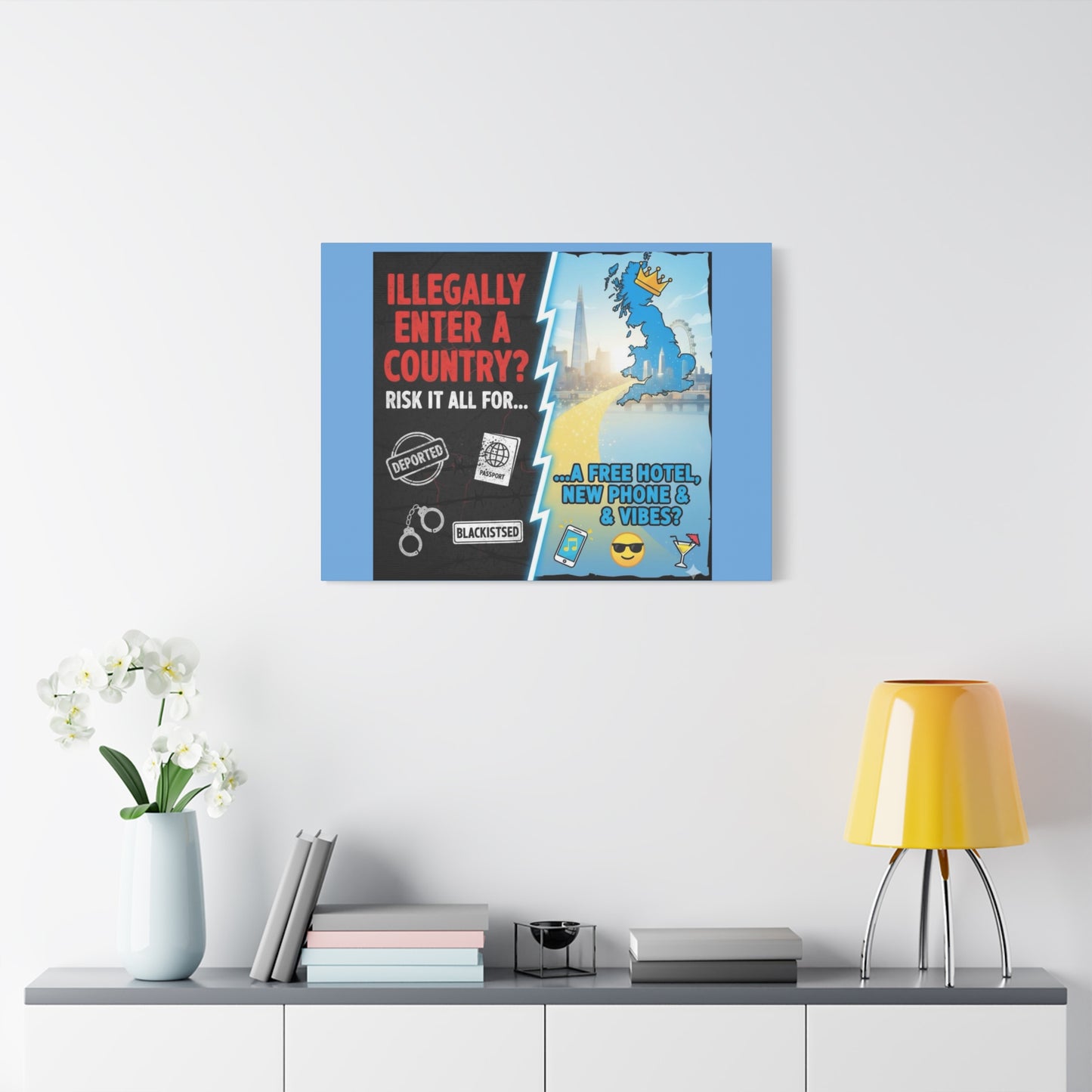 stop the boats British UK england scotland wales n.ireland  satire patriot design Playful Travel Canvas Art