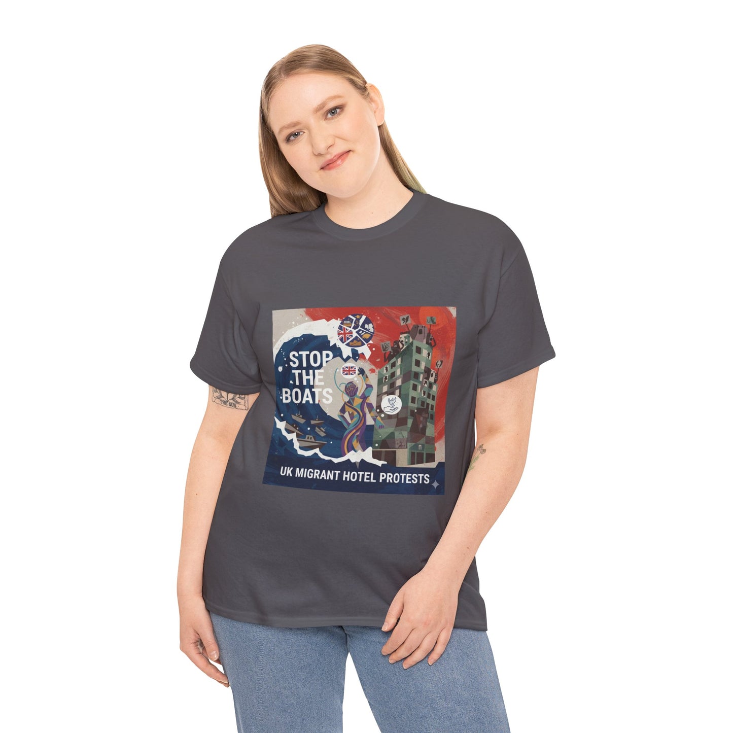 Amazing graphics stop the boats Protest Graphic Tee, T-Shirt, Unisex Cotton Shirt for Activism, Casual Wear, Gift for Advocates, Statement Clothing