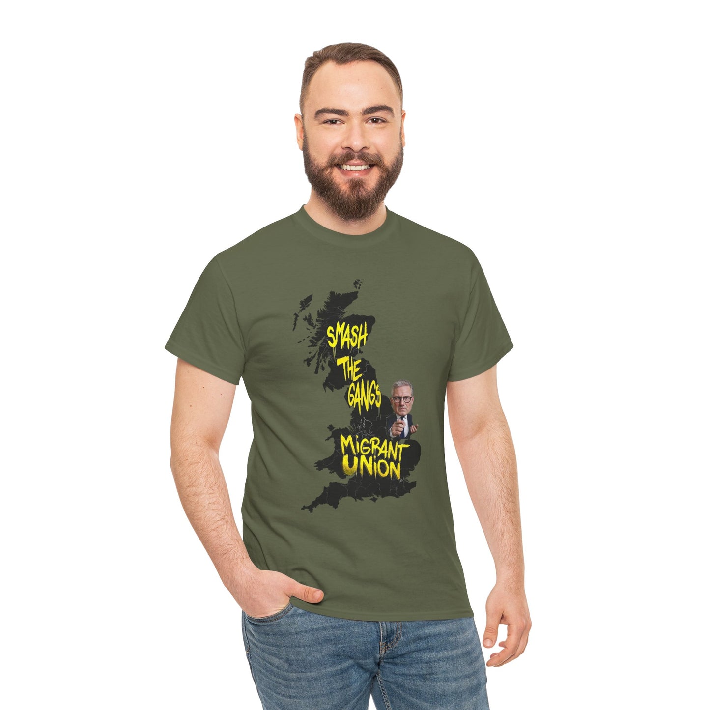 MIGRANT UNION starmer smash the gangs edition - Graphic Unisex Cotton Tee | Smash the Camps, Migrant Union | Protest Wear, Street Style, Music Festival, Casual Outfit