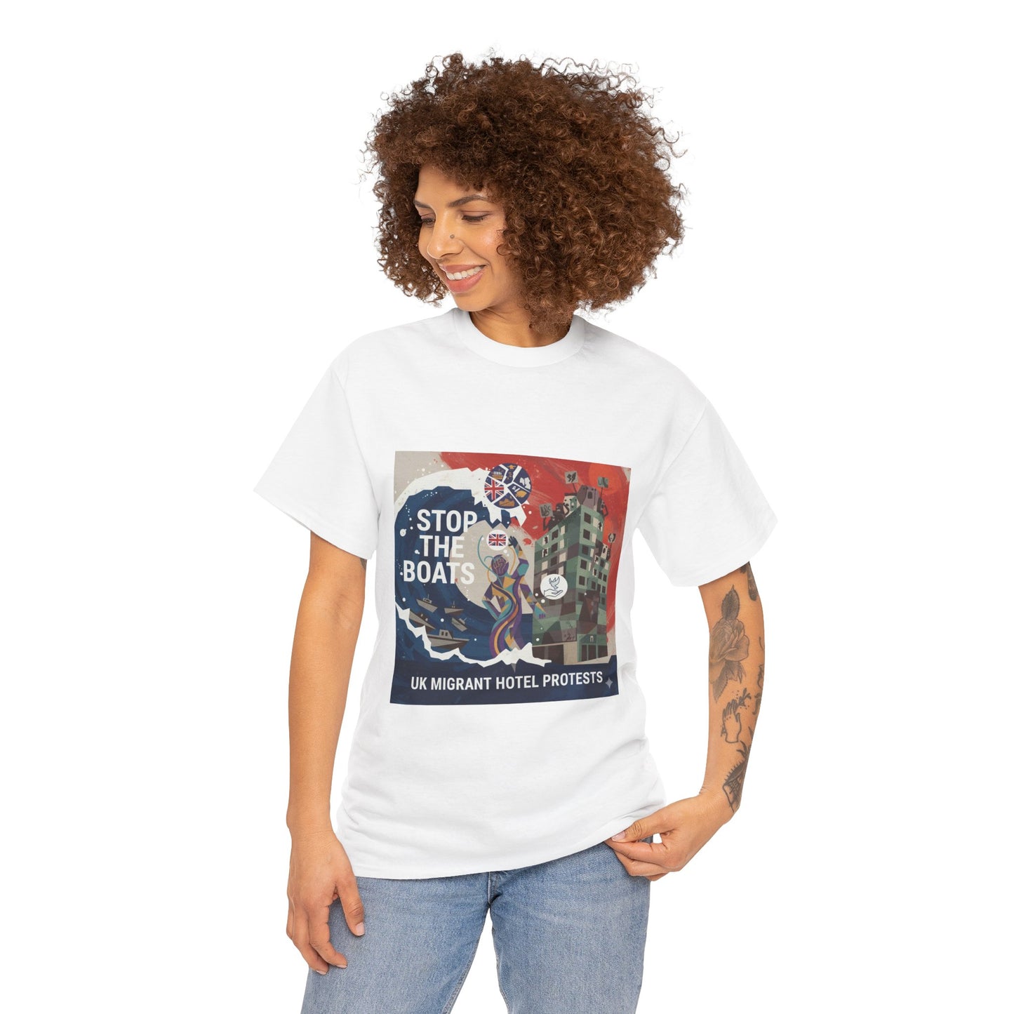 Amazing graphics stop the boats Protest Graphic Tee, T-Shirt, Unisex Cotton Shirt for Activism, Casual Wear, Gift for Advocates, Statement Clothing