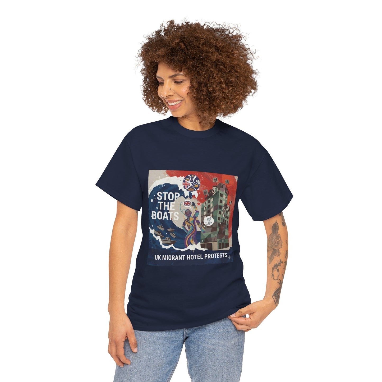 Amazing graphics stop the boats Protest Graphic Tee, T-Shirt, Unisex Cotton Shirt for Activism, Casual Wear, Gift for Advocates, Statement Clothing
