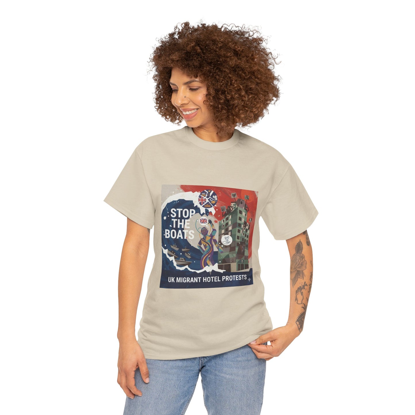 Amazing graphics stop the boats Protest Graphic Tee, T-Shirt, Unisex Cotton Shirt for Activism, Casual Wear, Gift for Advocates, Statement Clothing