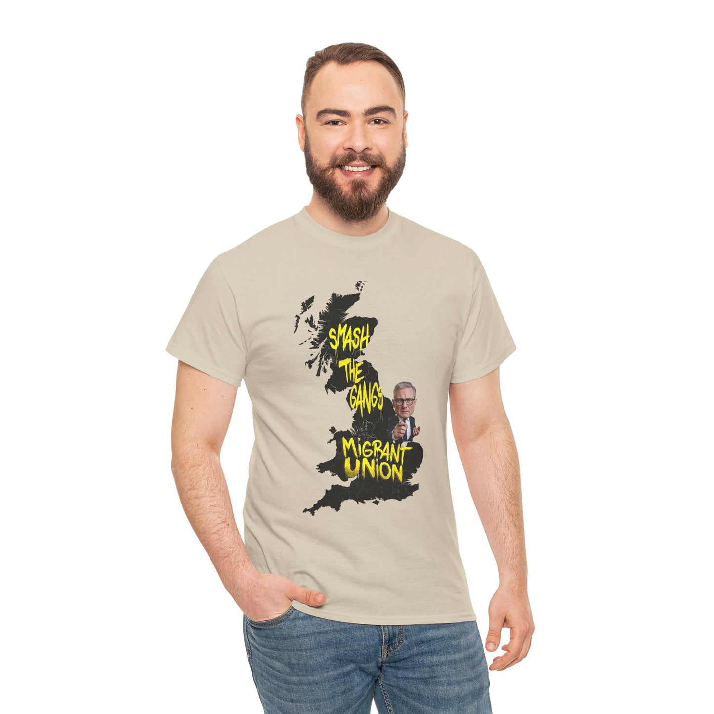 MIGRANT UNION starmer smash the gangs edition - Graphic Unisex Cotton Tee | Smash the Camps, Migrant Union | Protest Wear, Street Style, Music Festival, Casual Outfit
