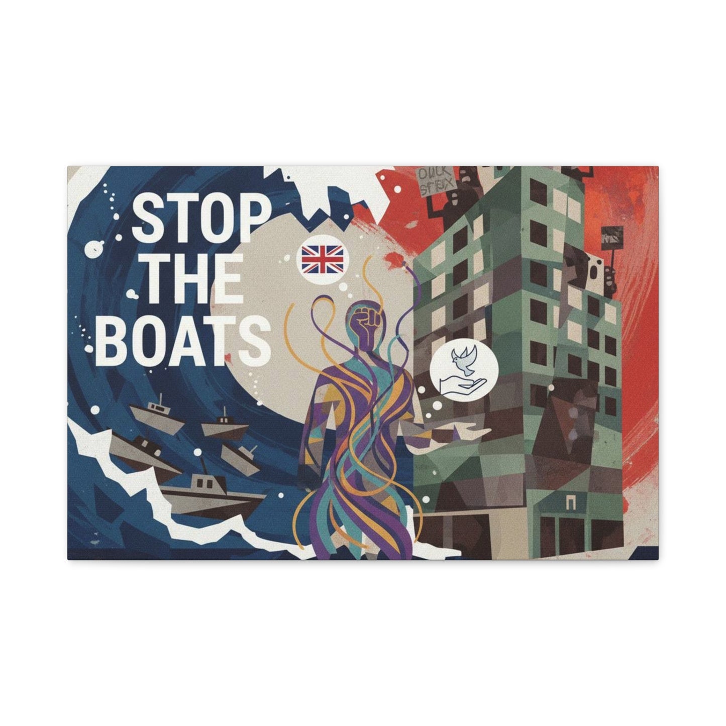 Political Art Canvas Print, Home Decor for Activists, Stop the Boats Artwork, Modern Wall Art, Unique Gift Idea