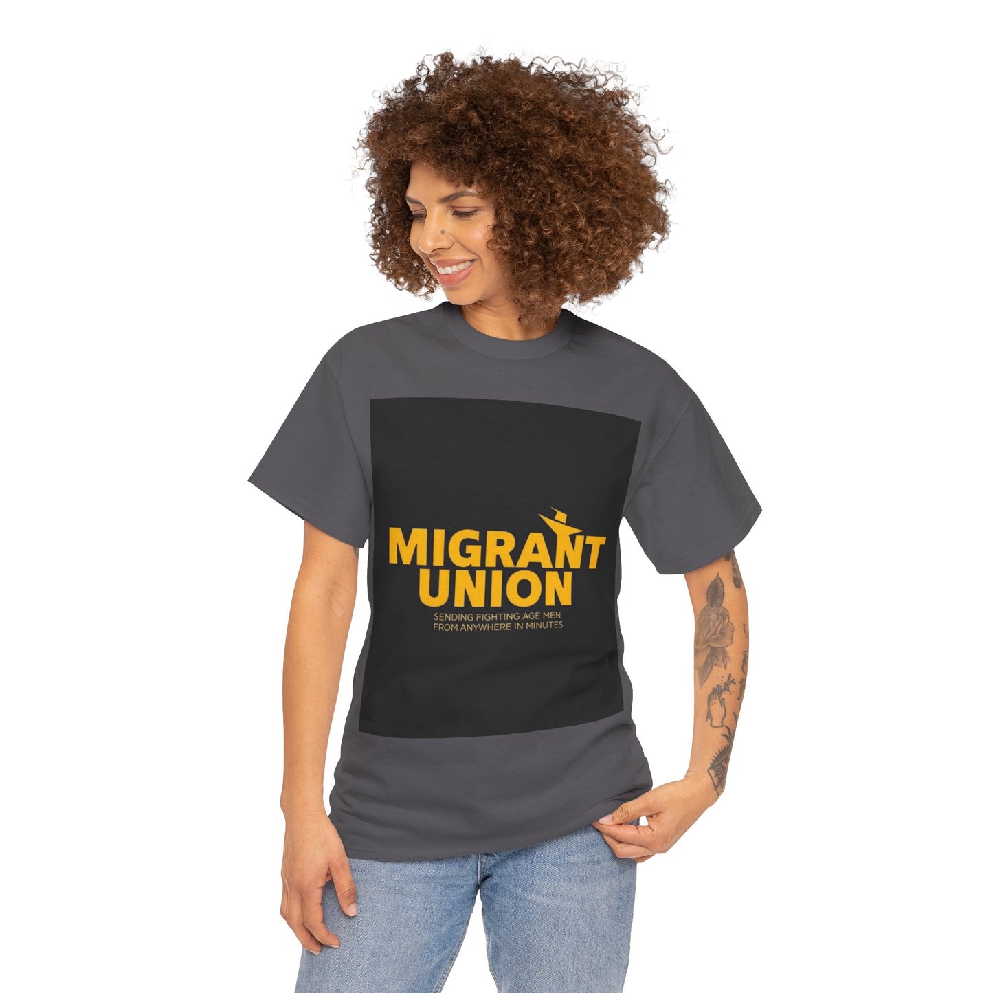 Migrant Union Unisex Heavy Cotton Tee, Casual Wear, Activism Shirt, Gift for Advocates, Comfortable Everyday Tee, Statement Clothing