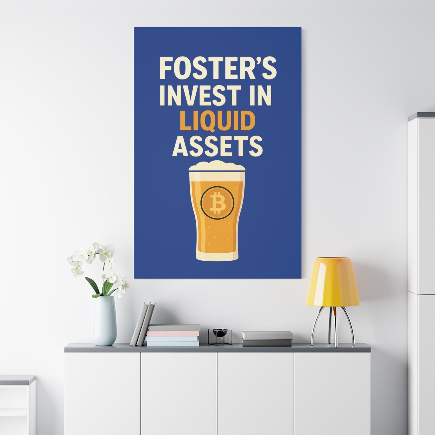 Bitcoin Liquid Assets Fosters Canvas Art, Wall Decor, Cryptocurrency Gift, Modern Home Art, Unique Beer Themed Decoration