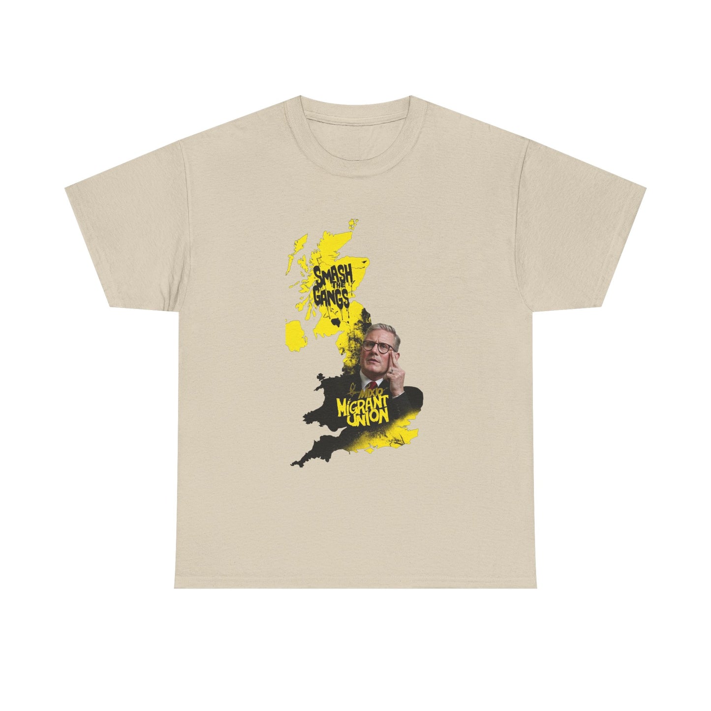 MIGRANT UNION starmer smash the gangs edition - Unisex Heavy Cotton Tee with Custom Graphic Design, Casual Wear, Gift for Him/Her, Unique T-shirt, Graphic Tees for Every Occasion