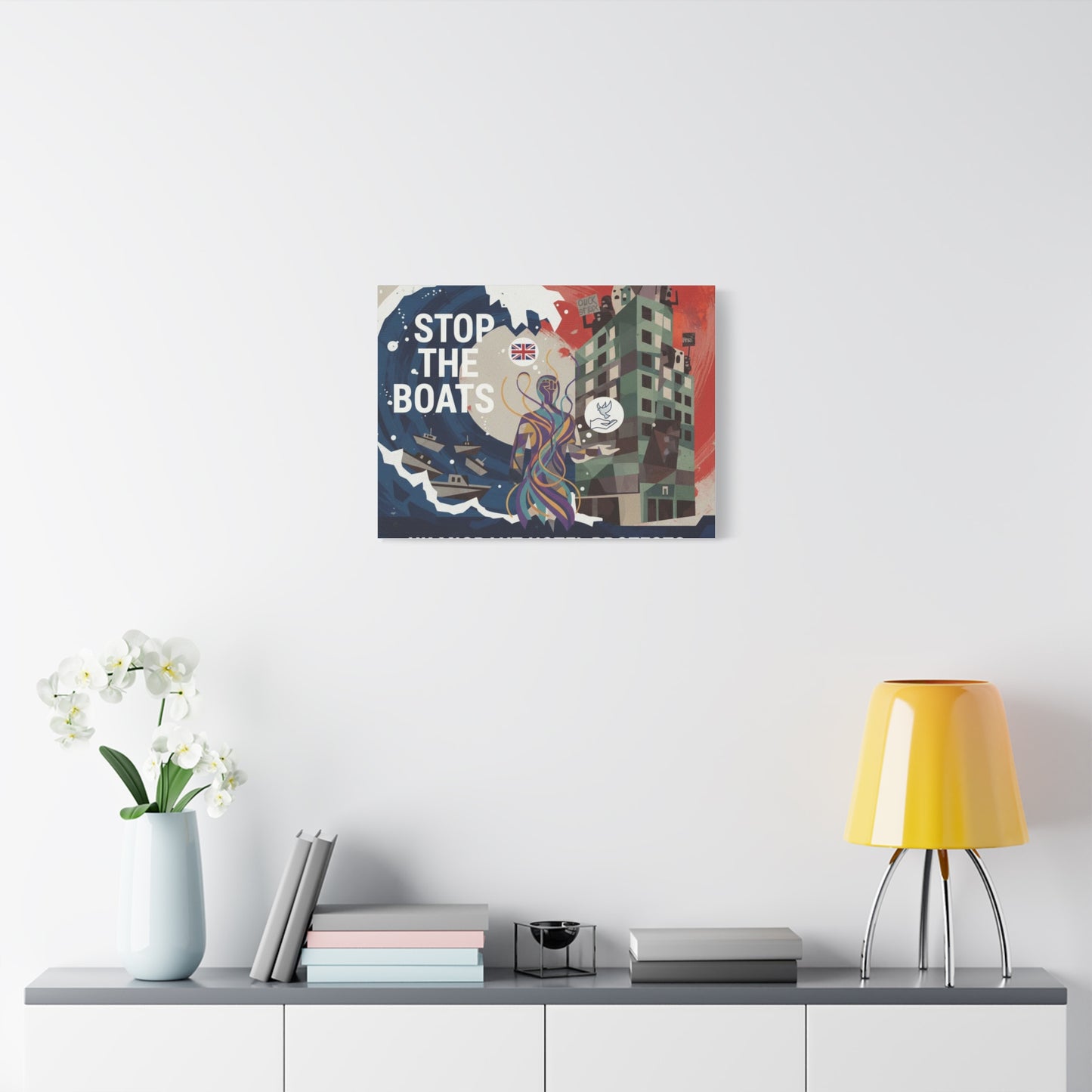 Political Art Canvas Print, Home Decor for Activists, Stop the Boats Artwork, Modern Wall Art, Unique Gift Idea