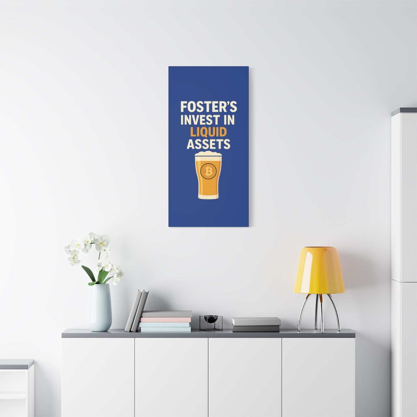 Bitcoin Liquid Assets Fosters Canvas Art, Wall Decor, Cryptocurrency Gift, Modern Home Art, Unique Beer Themed Decoration