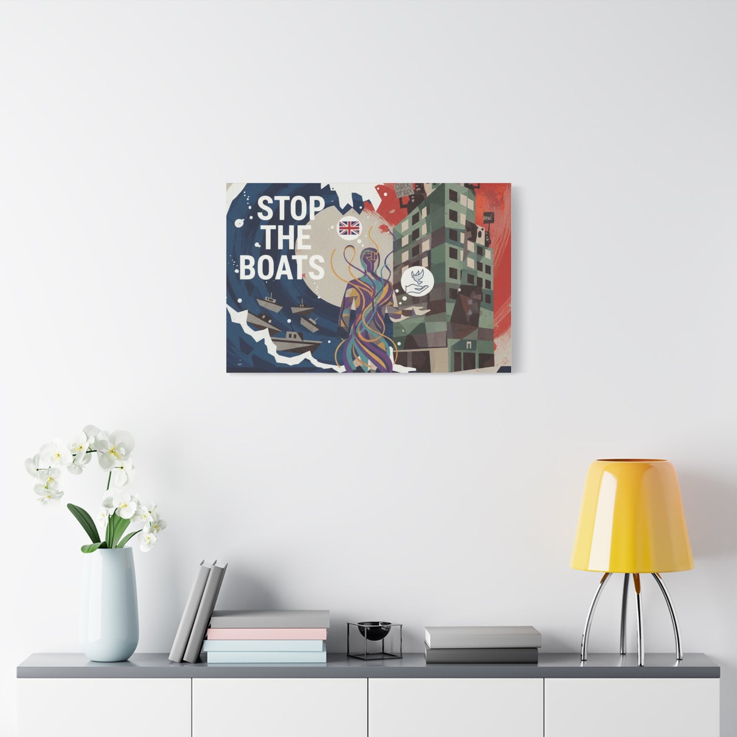 Political Art Canvas Print, Home Decor for Activists, Stop the Boats Artwork, Modern Wall Art, Unique Gift Idea