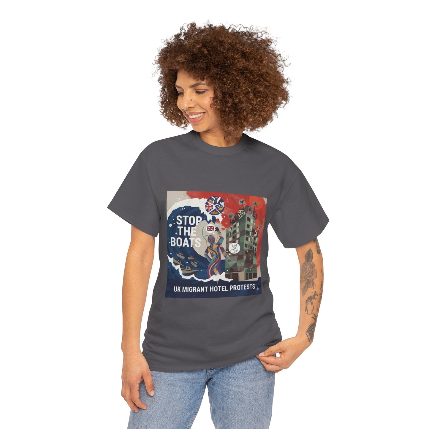 Amazing graphics stop the boats Protest Graphic Tee, T-Shirt, Unisex Cotton Shirt for Activism, Casual Wear, Gift for Advocates, Statement Clothing